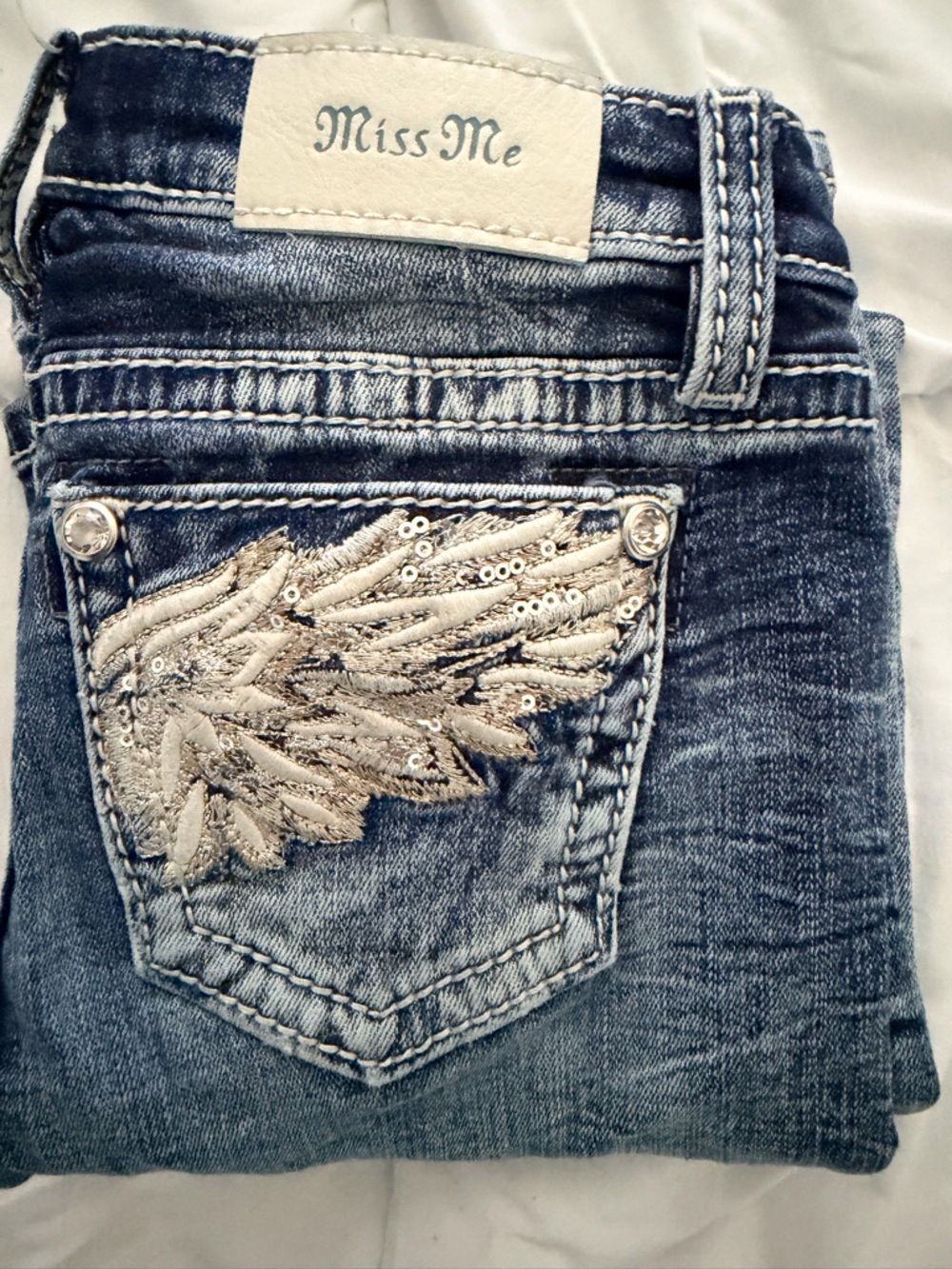 Miss ME Jeans Blue Denim Jeans with Silver Sequin Wing Detail